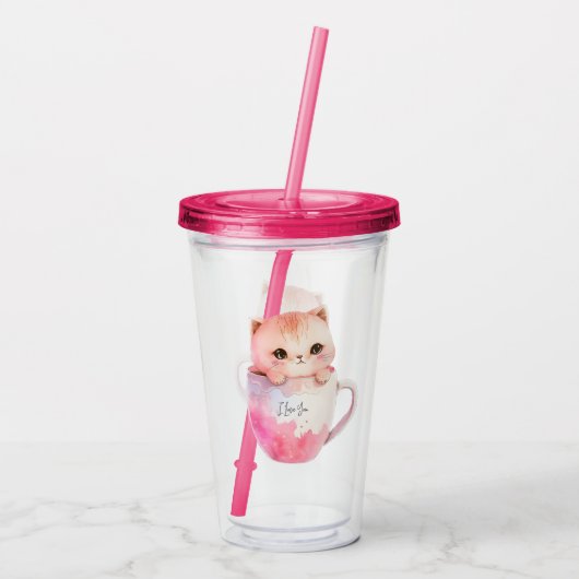 Kawaii Blushing Pink Chibi Cat Acryltrinkbecher (Rückseite)