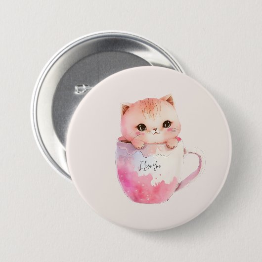 Kawaii Blushing Pink Chibi Cat Button (Vorne & Hinten)