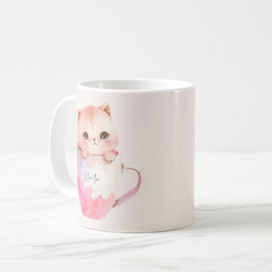 Kawaii Blushing Pink Chibi Cat Kaffeetasse (Vorderseite Links)