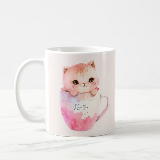 Kawaii Blushing Pink Chibi Cat Kaffeetasse (Links)