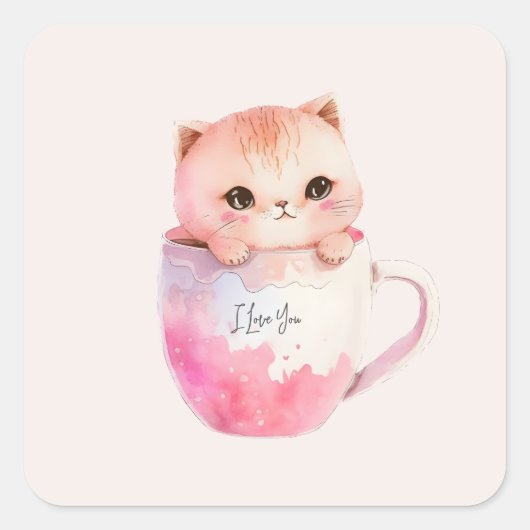 Kawaii Blushing Pink Chibi Cat Quadratischer Aufkleber (Vorderseite)