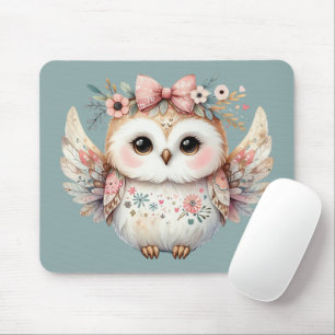 Kawaii Boho Owl Illustration Blue Mousepad