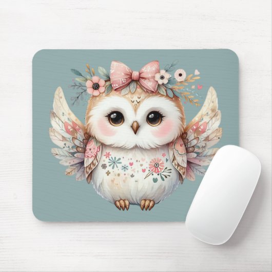 Kawaii Boho Owl Illustration Blue Mousepad (Mit Mouse)