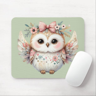 Kawaii Boho Owl Illustration Green Mousepad