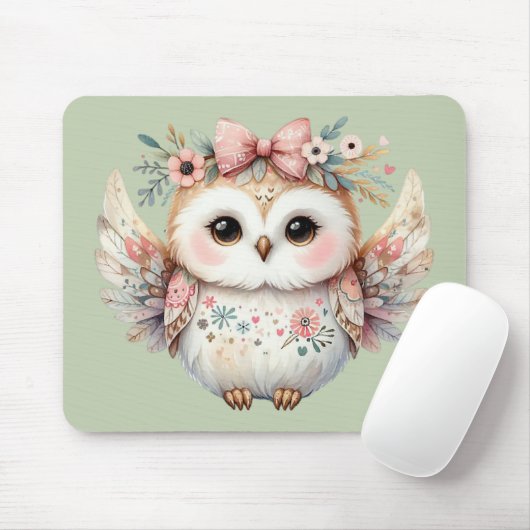 Kawaii Boho Owl Illustration Green Mousepad (Mit Mouse)