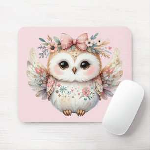 Kawaii Boho Owl Illustration Pink Mousepad