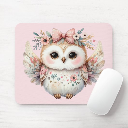 Kawaii Boho Owl Illustration Pink Mousepad (Mit Mouse)