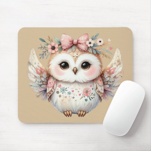 Kawaii Boho Owl Illustration Taupe Mousepad (Mit Mouse)