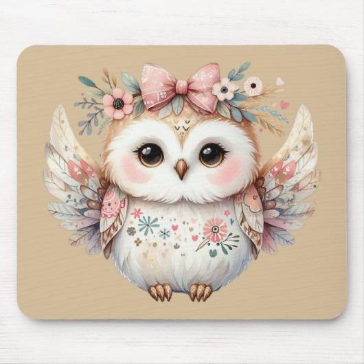 Kawaii Boho Owl Illustration Taupe Mousepad (Vorne)