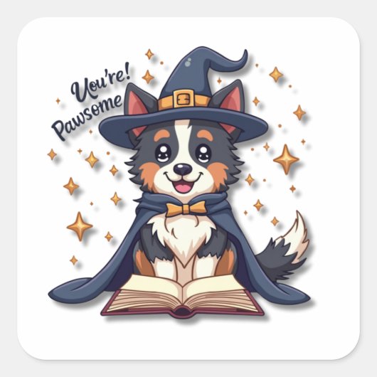 Kawaii Border Collie Wizard Quadratischer Aufkleber (Vorderseite)