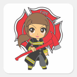 Kawaii Brünette Feuerwehrfrau - Quadratischer Aufkleber