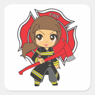 Kawaii Brünette Feuerwehrfrau - Quadratischer Aufkleber