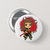Kawaii brünettes Feuerwehrmann-Mädchen - Button (Vorne & Hinten)