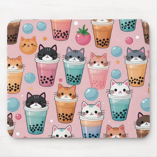 Kawaii Bubble Tee Katzen Nahtloses Muster Mousepad (Vorne)