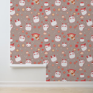 Kawaii Bunny and Snack Pattern auf Taupe Tapete