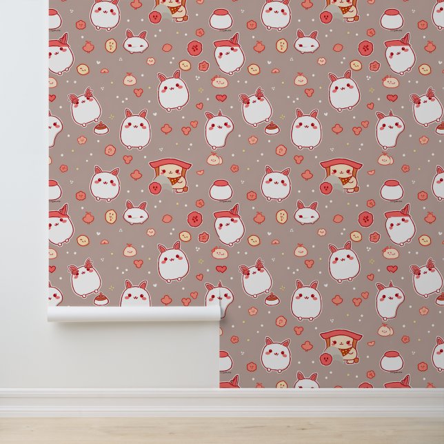 Kawaii Bunny and Snack Pattern auf Taupe Tapete (Anwendung)