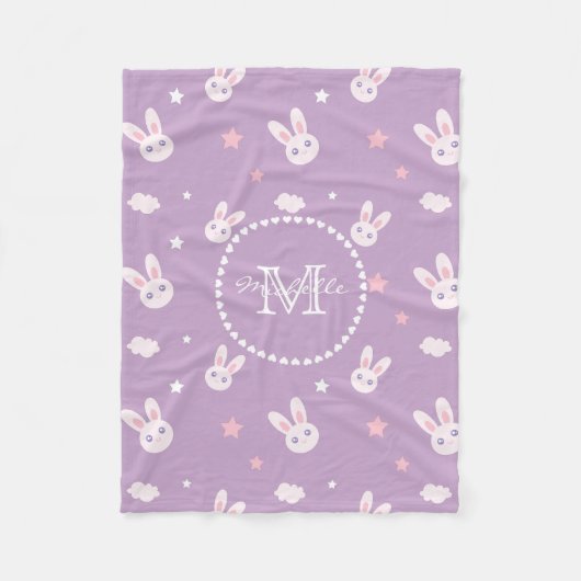 Kawaii Bunny Rabbit Pastel Lila Muster Monogram Fleecedecke (Vorderseite)