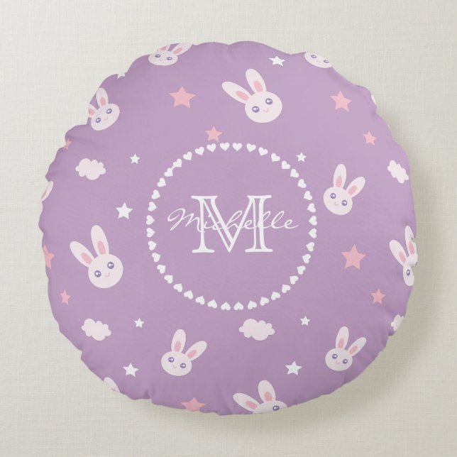 Kawaii Bunny Rabbit Pastel Lila Muster Monogram Rundes Kissen (Vorderseite)