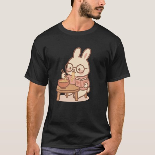 Kawaii Bunny Reading & Eating Ramen - Gemütliches T-Shirt (Vorderseite)