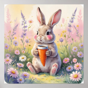 Kawaii Bunny Tasse - Aquarellfeld Blume drucken Poster
