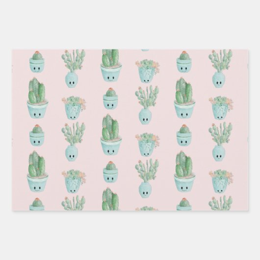 Kawaii Cactus Gift Wrap - Set von 3 Geschenkpapier Set (Vorderseite 2)