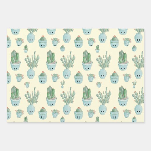 Kawaii Cactus Gift Wrap - Set von 3 Geschenkpapier Set (Vorderseite)