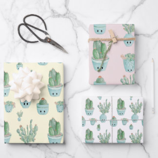 Kawaii Cactus Gift Wrap - Set von 3 Geschenkpapier Set