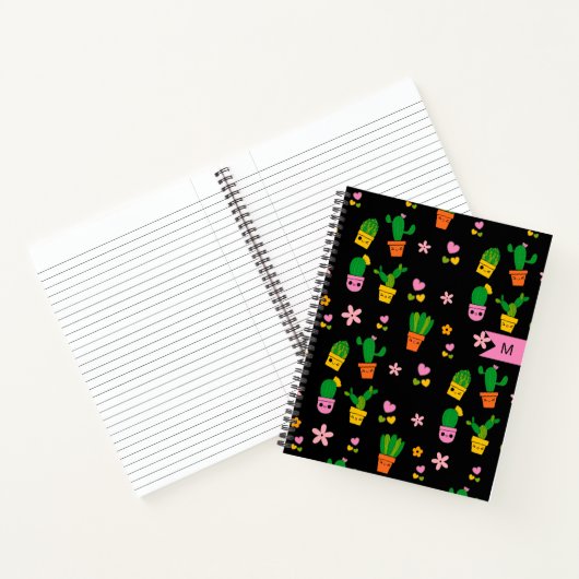 Kawaii Cactus Monogram Black Spiral Notebook Notizblock (Innenseite)