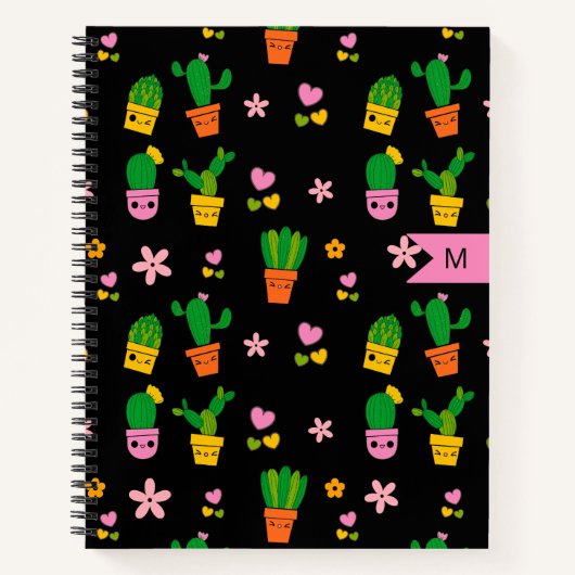 Kawaii Cactus Monogram Black Spiral Notebook Notizblock (Vorderseite)