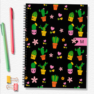 Kawaii Cactus Monogram Black Spiral Notebook Notizblock