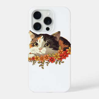 Kawaii Calico Cat Floral Peeking Art iPhone 15 Pro Hülle