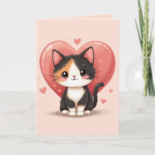 Kawaii Calico Cat Heart Valentine Design Dankeskarte (Vorderseite)