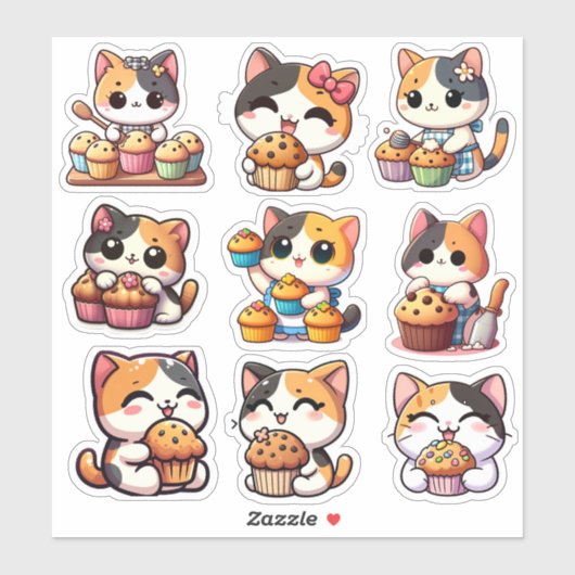 Kawaii calico Cat muffin Custom-Cut Vinyl Sticker (Blatt)
