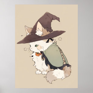 Kawaii Calico Cat Spielen eine Hexe Poster