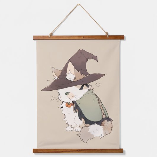 Kawaii Calico Cat Spielen eine Hexe Wandteppich Mit Holzrahmen (Vorderseite)