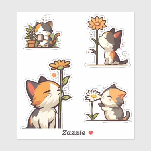 Kawaii Calico Katzen und Blume Aufkleber Set (Blatt)
