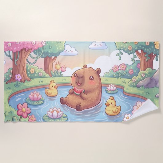 Kawaii Capy in einem Teich Strandtuch (Vorderseite)
