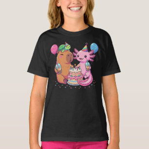 Kawaii Capybara und Axolotl Geburtstagsfeier T-Shirt