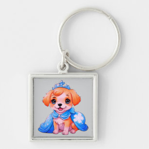 Kawaii Cartoon Dog in blauem Kleid und Tiara Schlüsselanhänger