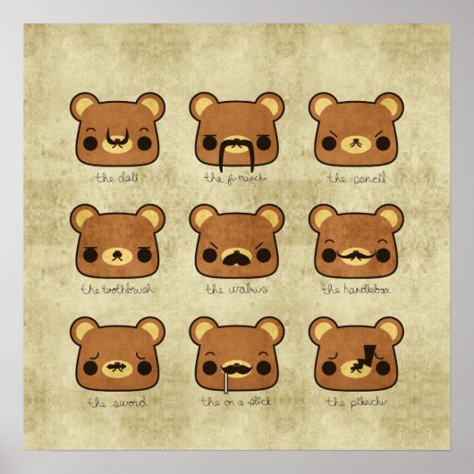 Kawaii Cartoon Grunge Bears mit Mustaches Poster (Vorne)