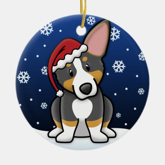 Kawaii CartoonTricolor Pembroke-WaliserCorgi Keramikornament (Vorne)