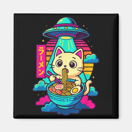 Kawaii Cat Alien Ufo Ramen Graphic Tee Funny Japan Magnet (Vorne)