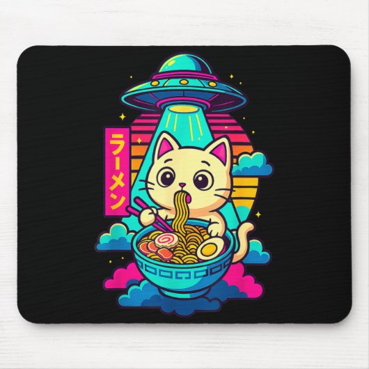 Kawaii Cat Alien Ufo Ramen Graphic Tee Funny Japan Mousepad (Vorne)