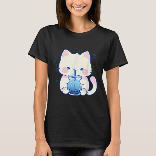 Kawaii Cat Boba Japanese Cute Aesthetic Anime Girl T-Shirt (Vorderseite)
