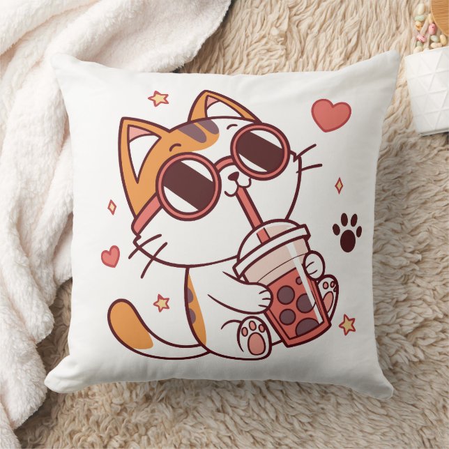 Kawaii Cat Boba Tea Throw Kissen - Herzen und Ster (Decke)
