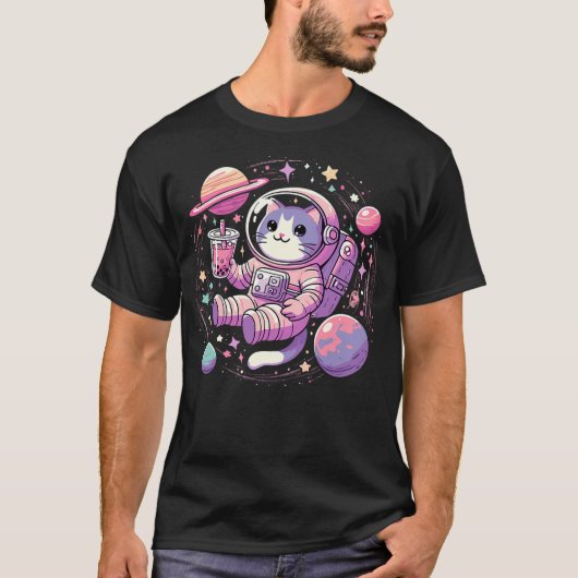Kawaii Cat Bubble Boba Tea In Space Astronaut T-Shirt (Vorderseite)