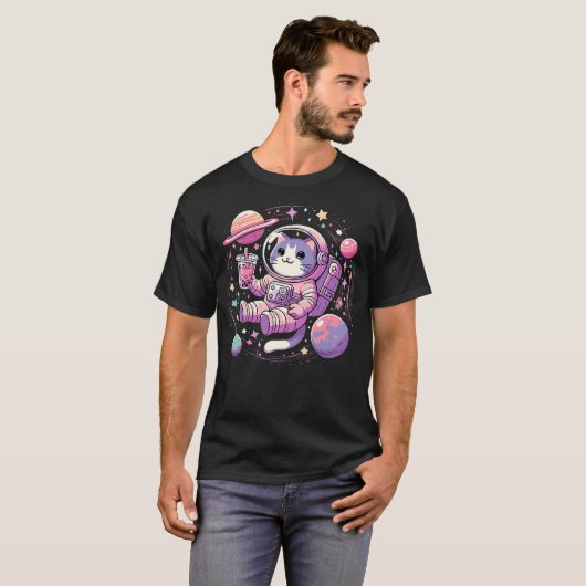 Kawaii Cat Bubble Boba Tea In Space Astronaut T-Shirt (Vorne ganz)