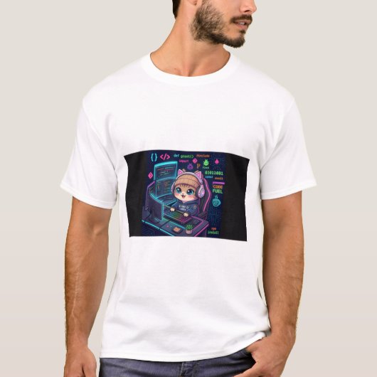 Kawaii Cat Coder T-Shirt | Süße Neon-Programmierer (Vorderseite)