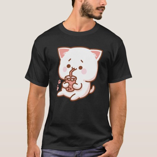 Kawaii Cat Drinking Boba Tea T-Shirt (Vorderseite)