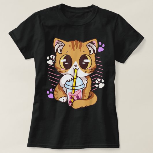 Kawaii Cat Drinking Boba Tea T-Shirt (Design vorne)